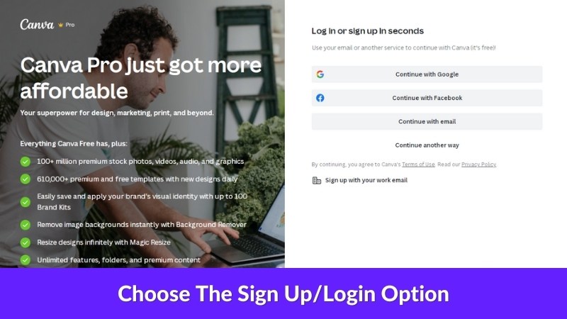 Choose The Canva Sign Up/ Login Option
