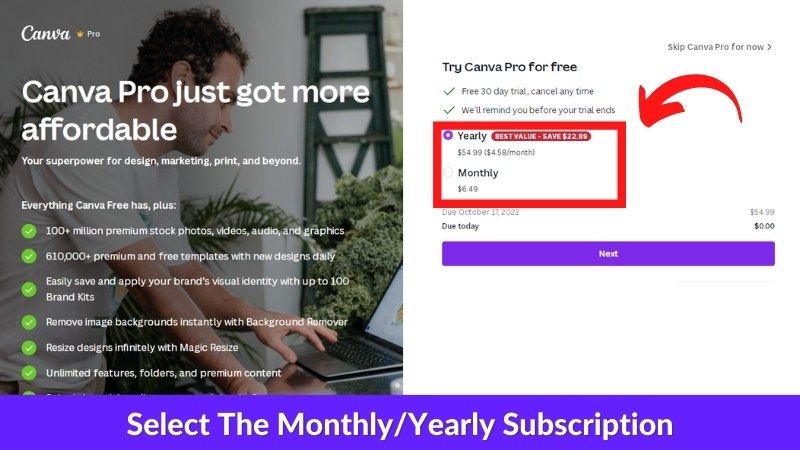 Select The Monthly/Yearly Subscription